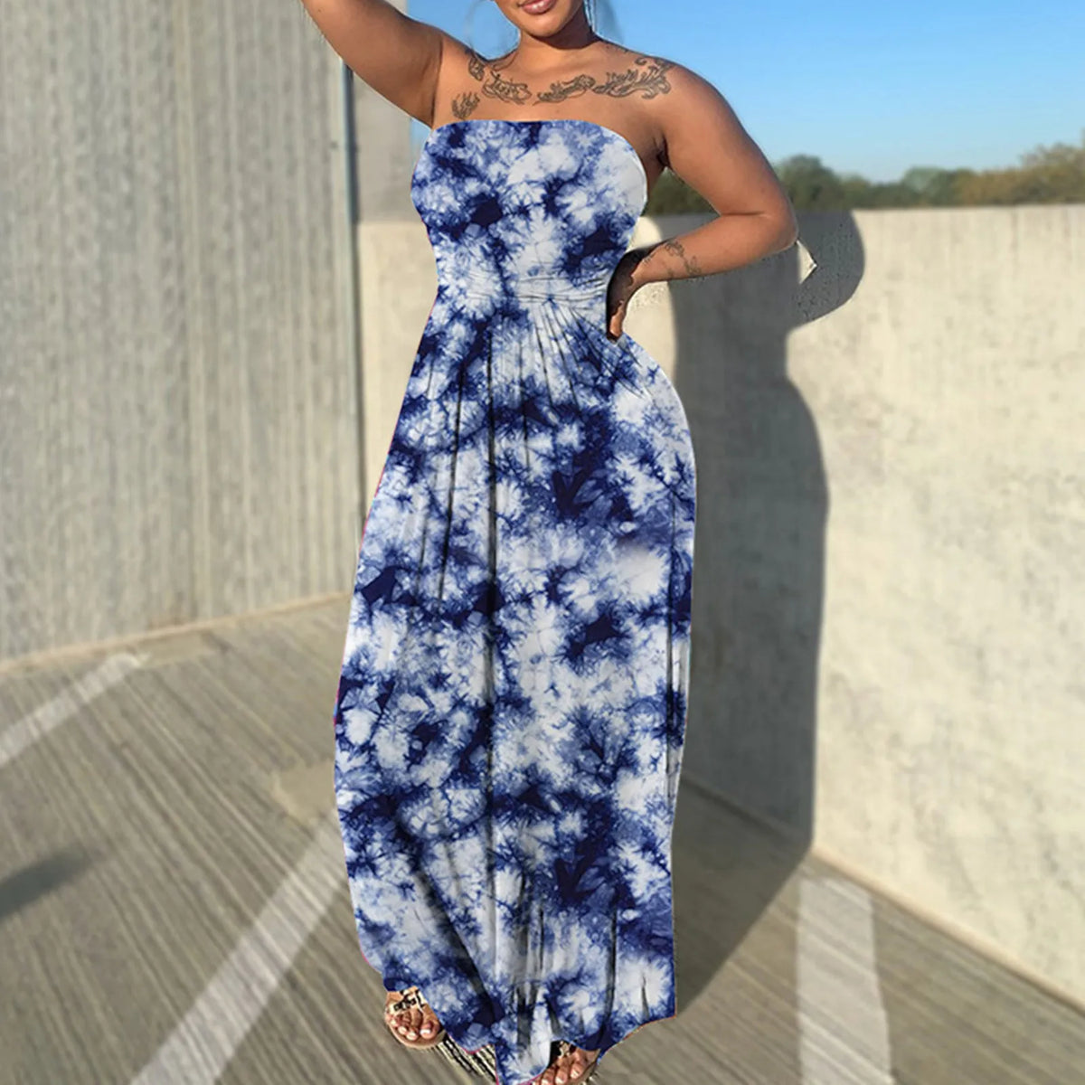 Tie Dye Print Sleeveless Strapless Long Flare Loose Floor Length Casual Outfit Beach Dress
