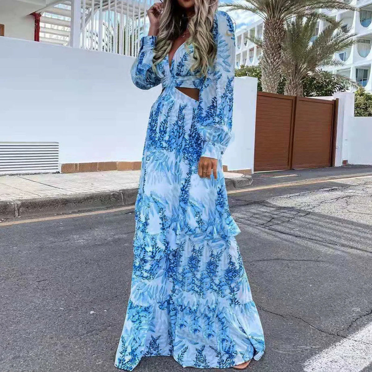 Hollow Out Lantern Sleeve Backless V-Neck Beach Cover Up Maxi Party Long Women's Dress