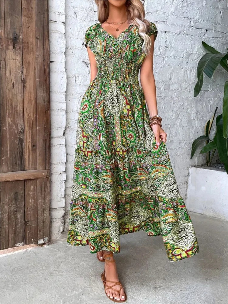 A-line Maxi Short Sleeve Elastic Waist Boho Dress