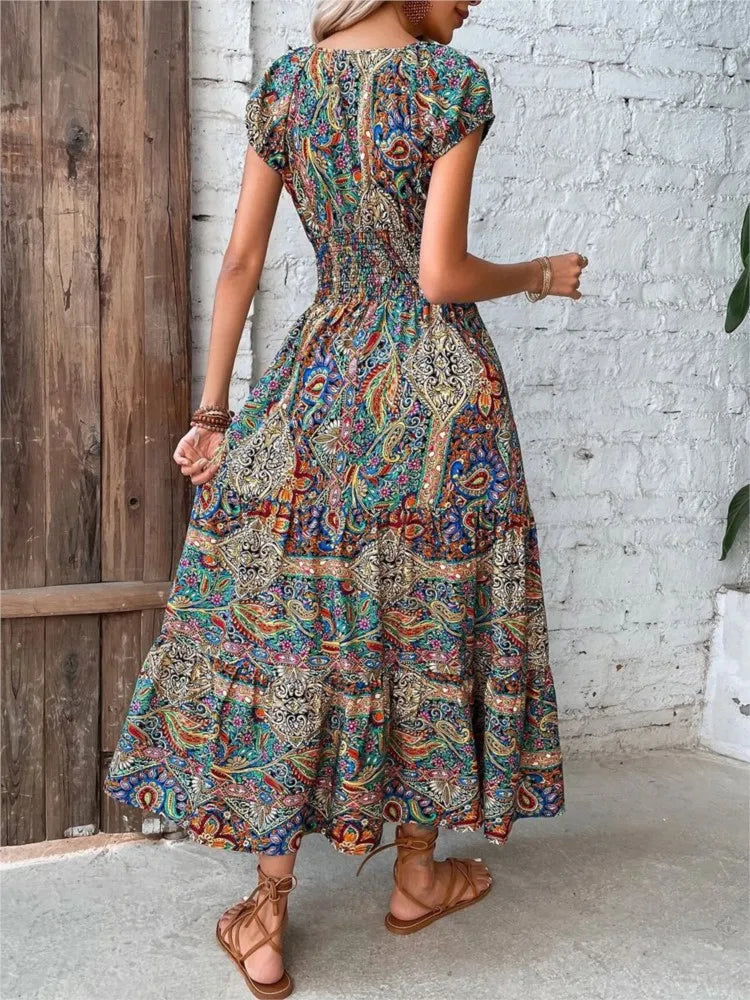 A-line Maxi Short Sleeve Elastic Waist Boho Dress