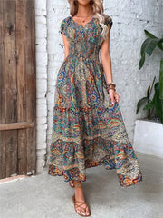 A-line Maxi Short Sleeve Elastic Waist Boho Dress