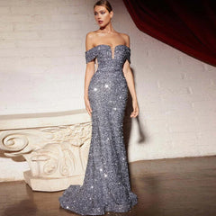 Vintage Sequined V-Neck Slim  Evening Maxi Dress