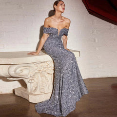 Vintage Sequined V-Neck Slim  Evening Maxi Dress