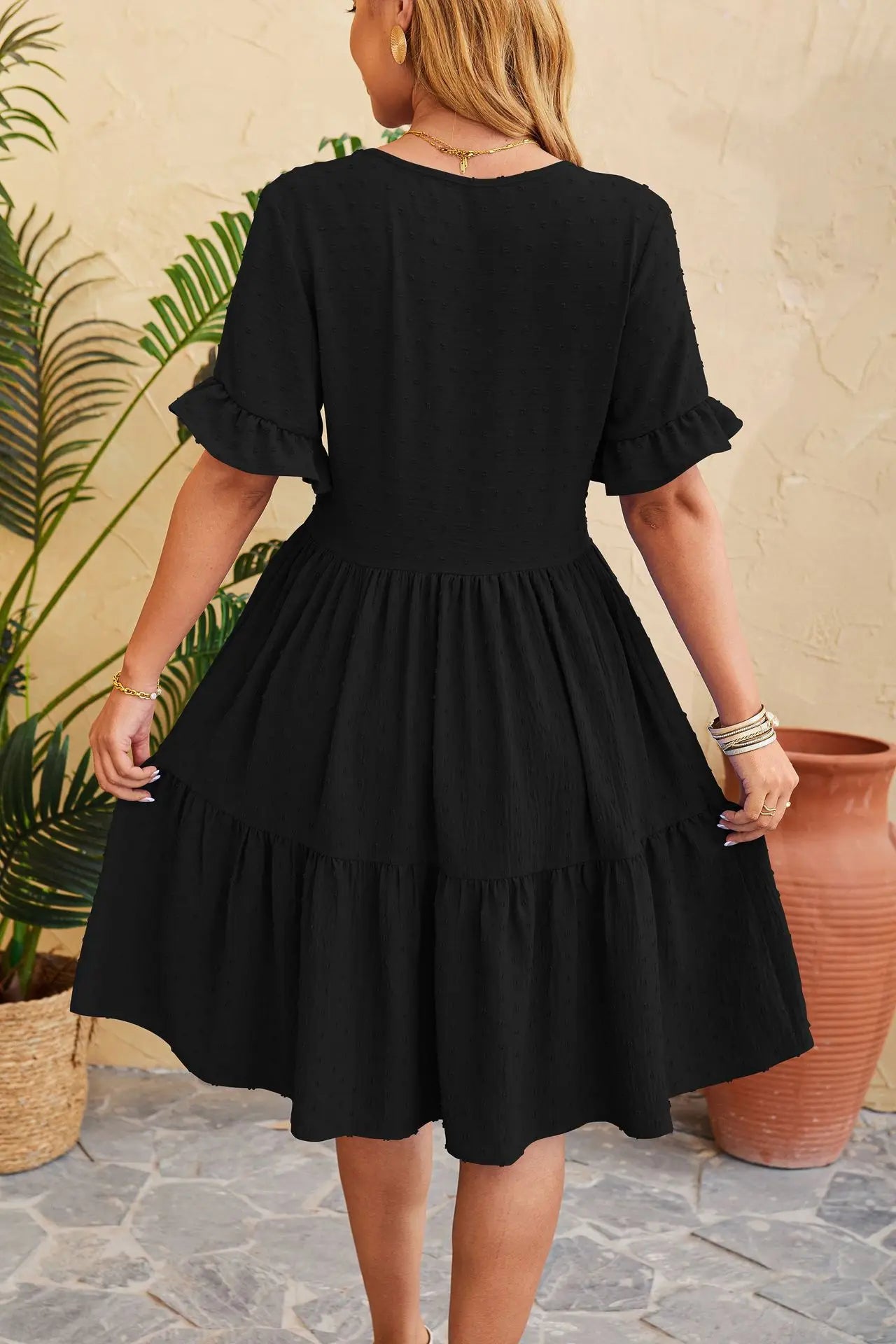 New Jacquard Five-quarter Pleat Polka LOOSE Midi Dresses