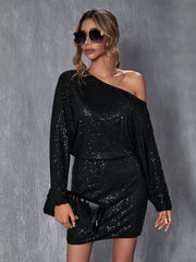 Asymmetrical Neck Batwing Sleeve Sequin Shiny Bodycon Dress