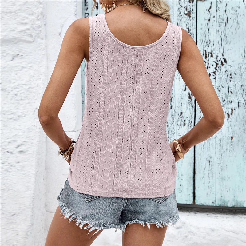 Trendy Hollow Asymmetric Sleeveless V-Neck Tank Top