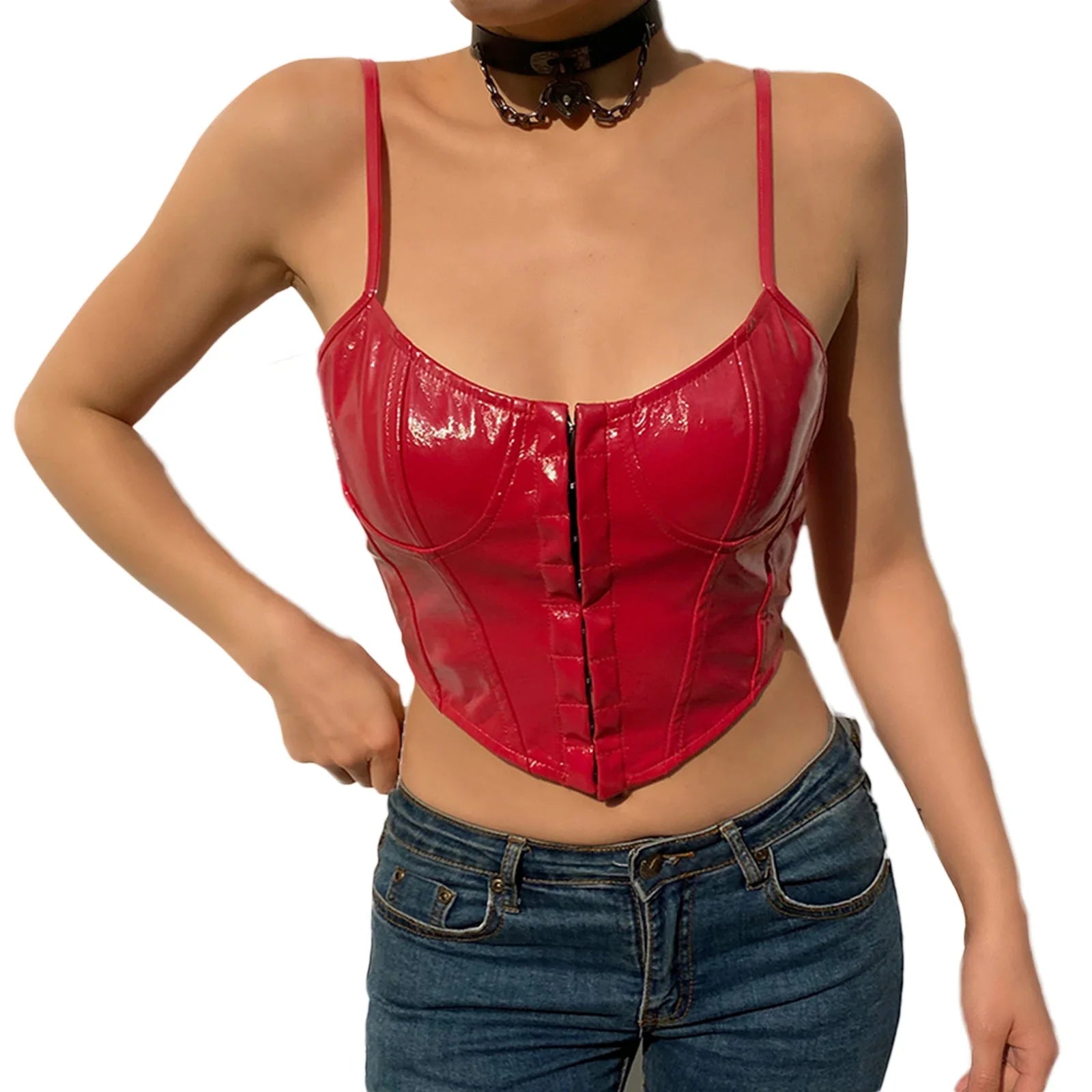 Low-Cut PU Leather Corset Camisole