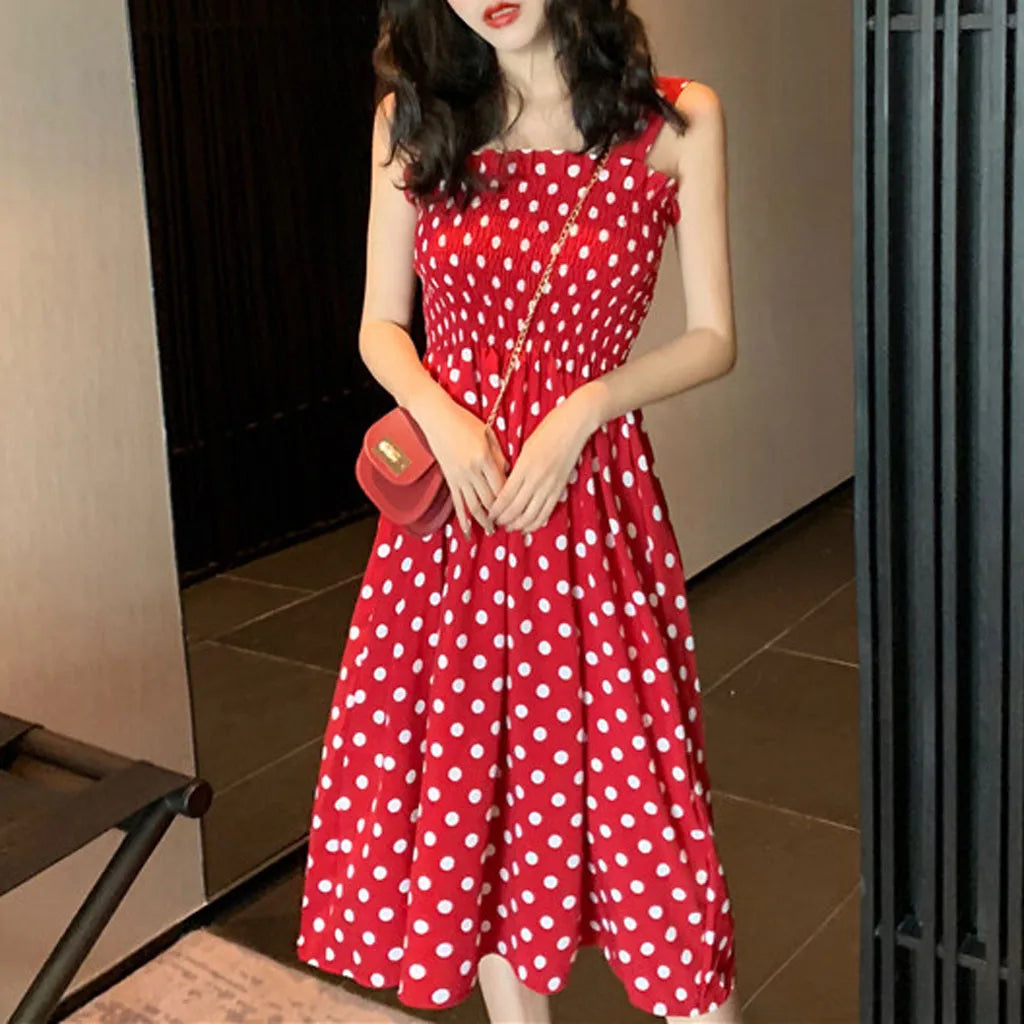 Women's Summer Fashion Loose Polka Dot Shoulder Plus Size Midi Dresses