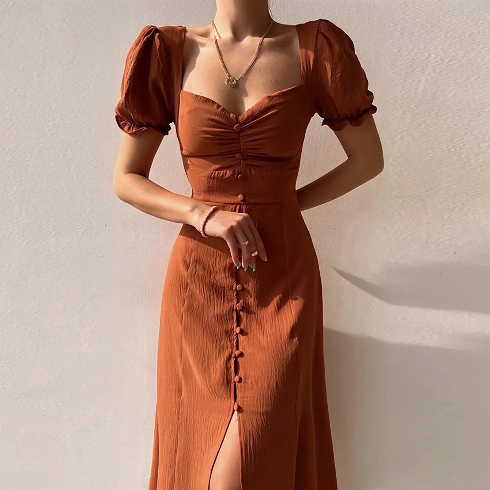 Casual Solid Square Neck A-line Pleated Midi Dress