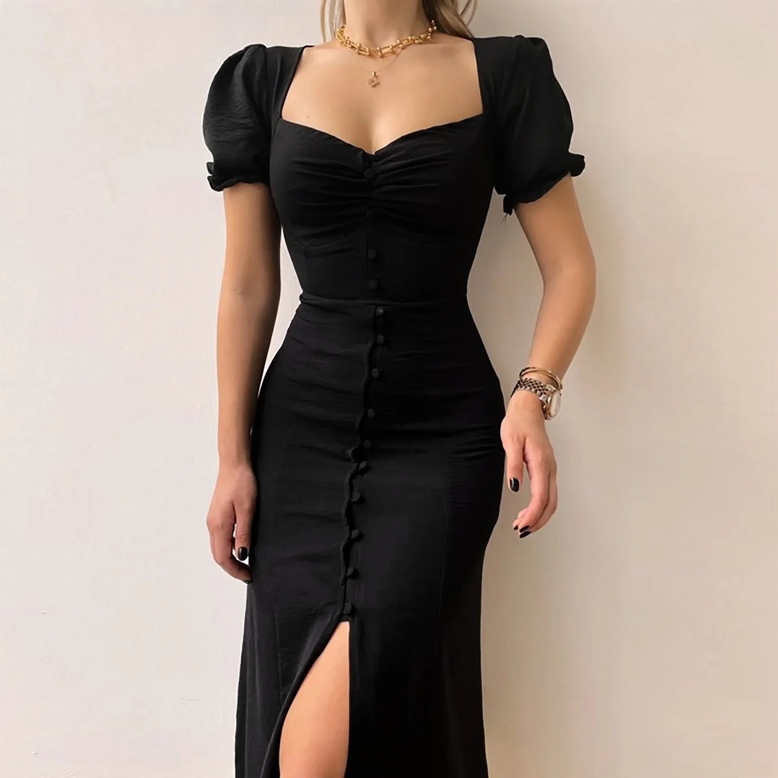 Casual Solid Square Neck A-line Pleated Midi Dress