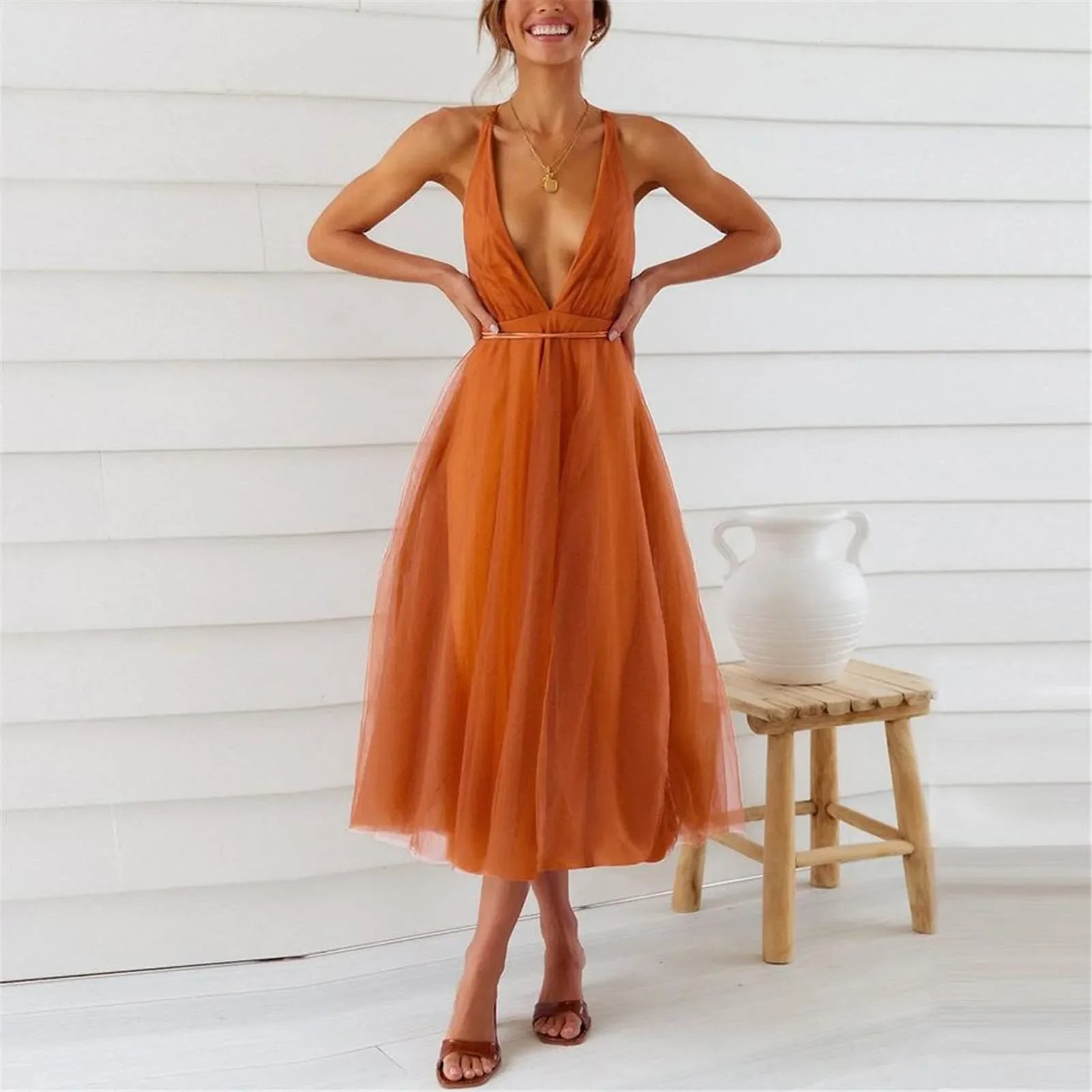 Lace-Up Empire Waist Deep V-Neck Backless Tulle Bridesmaid Midi Dress