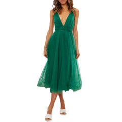 Lace-Up Empire Waist Deep V-Neck Backless Tulle Bridesmaid Midi Dress