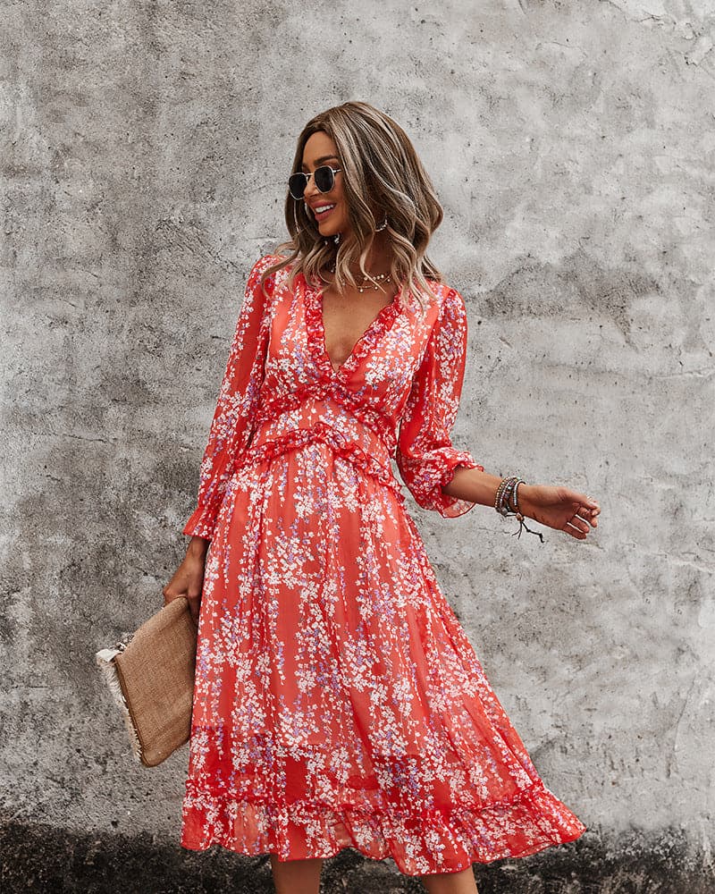 Spring And Summer  Popular V-neck Simple Printed Dress