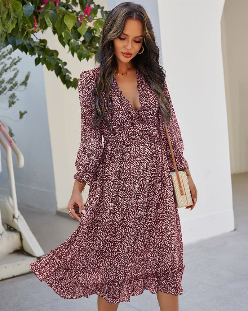 Spring And Summer  Popular V-neck Simple Printed Dress