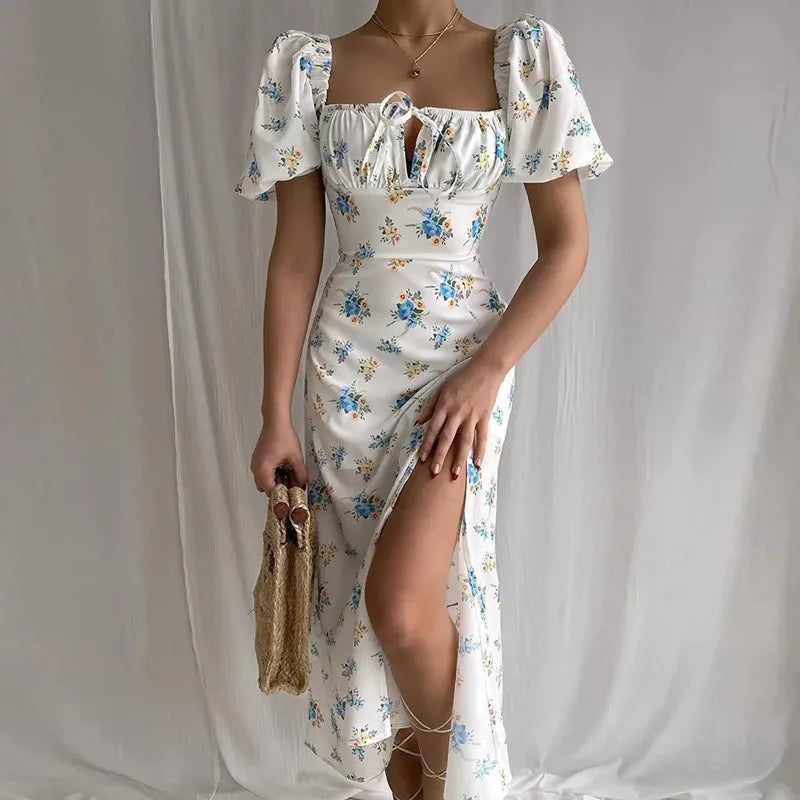 Floral Spring French Backless Slim-fit Halter Trending  Midi Dresses