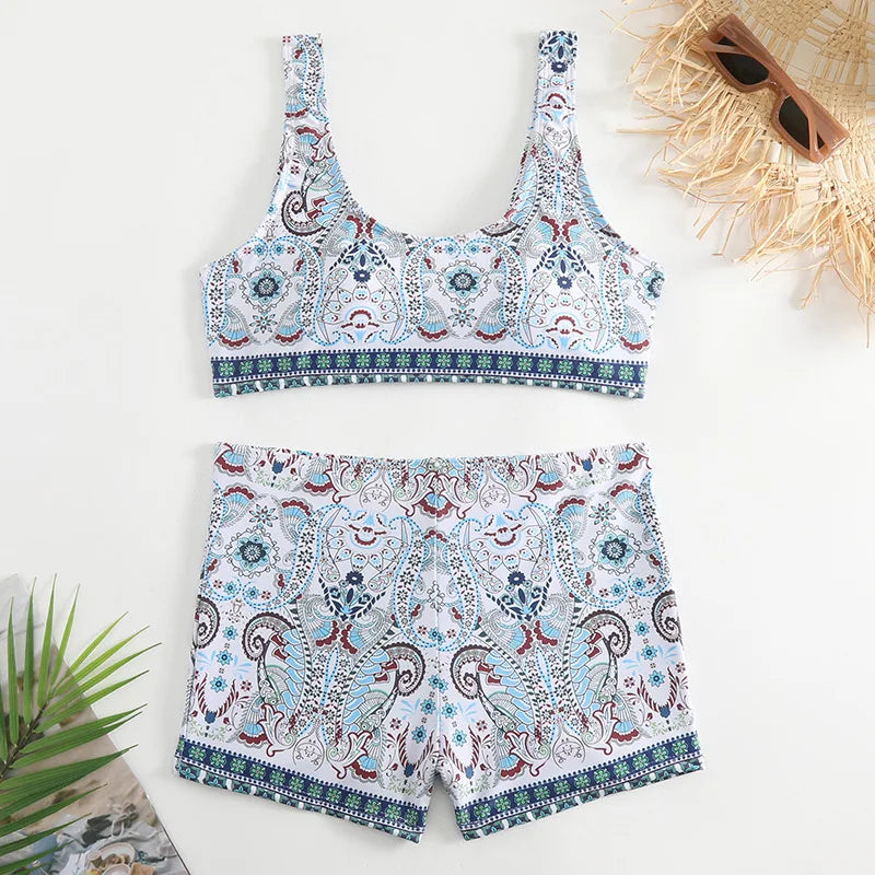 Floral Print High Waist Bikini Set Basic Swimsuit
