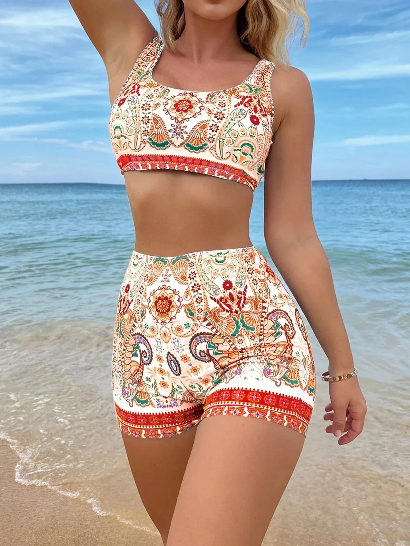 Floral Print High Waist Bikini Set Basic Swimsuit