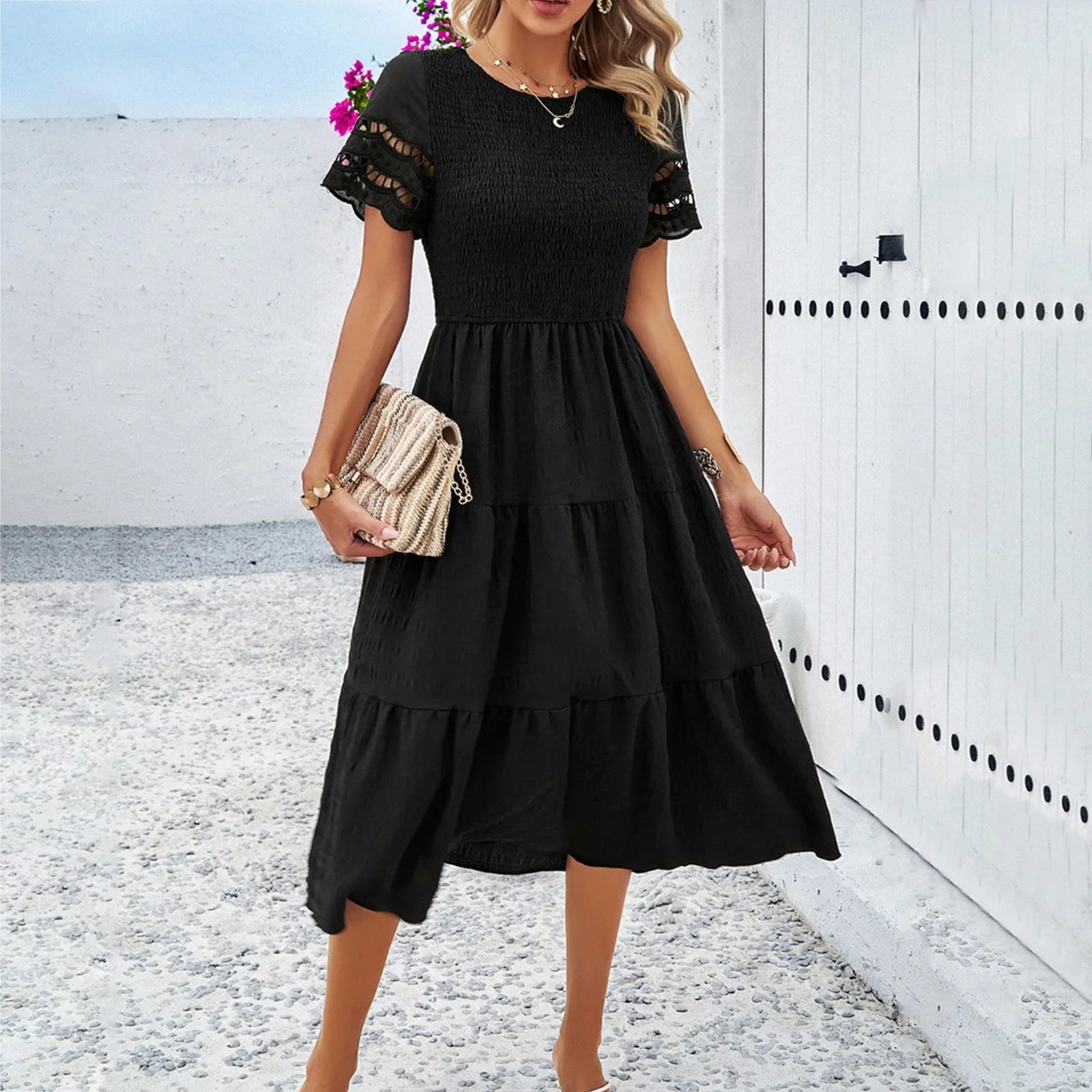 Solid Temperament Play Sheath Hollow Korean Midi Dresses