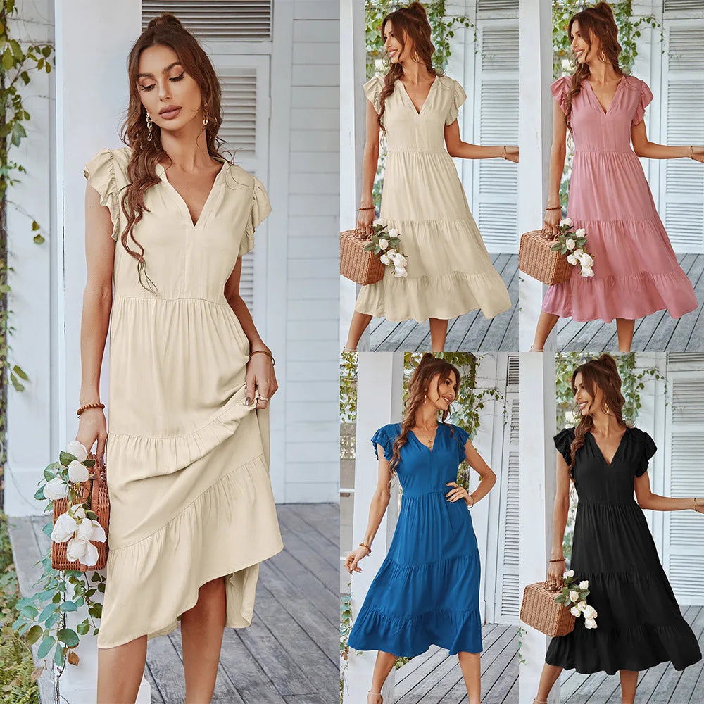 Loose V-neck  Flying Solid Leisure A-line Long Midi Dresses