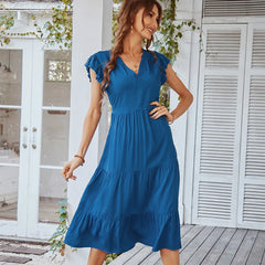 Loose V-neck  Flying Solid Leisure A-line Long Midi Dresses