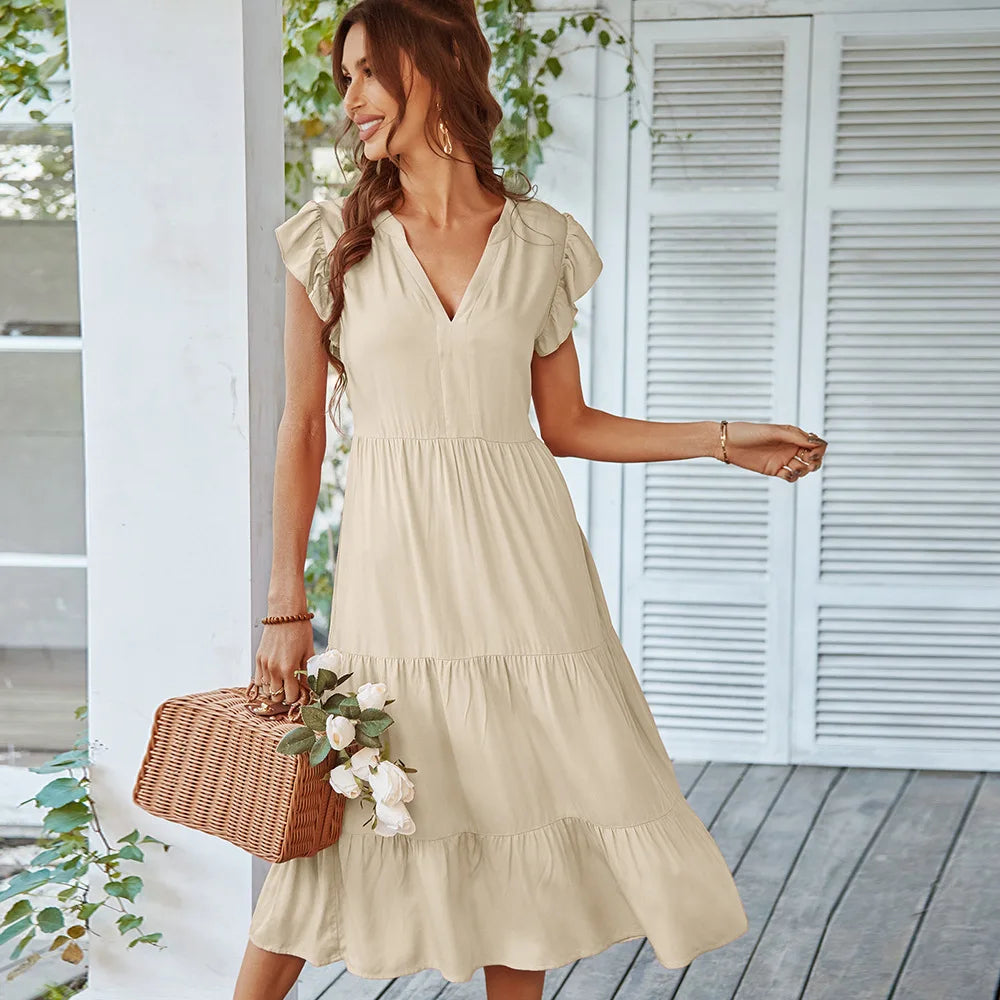 Loose V-neck  Flying Solid Leisure A-line Long Midi Dresses