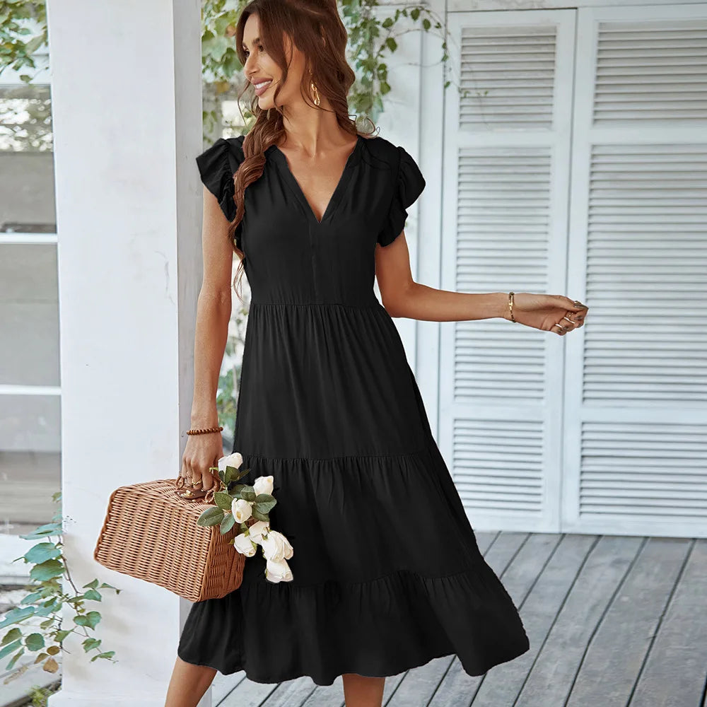 Loose V-neck  Flying Solid Leisure A-line Long Midi Dresses