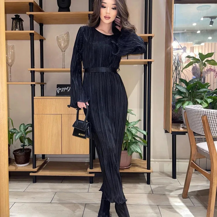 Maxi Autumn New Crew-neck Lace-up Pleated Elegant Midi Dresses