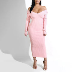 Deep V Neck Off Shoulder Rib Knit Midi Dress