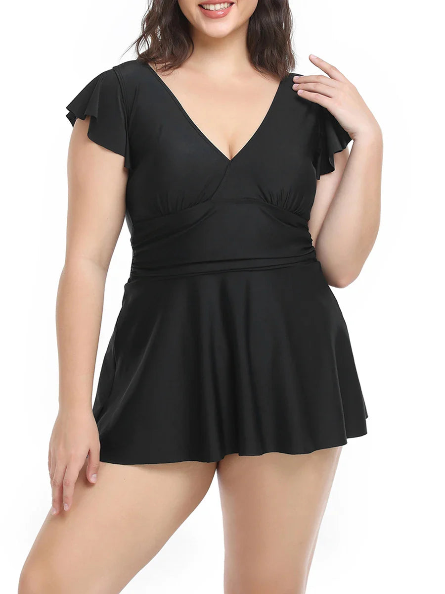 Solid Color Flying Sleeve V-Neck A-Line Plus Size Swimsuits