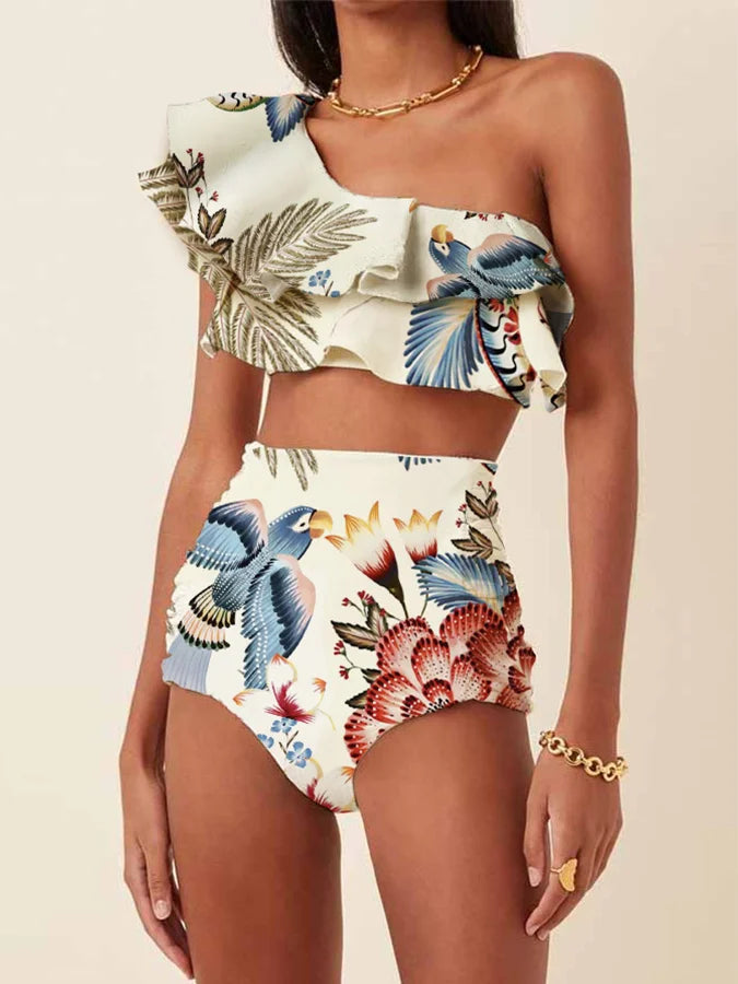 Fashion One Shoulder Printed Ruffle Basic Swimsuit