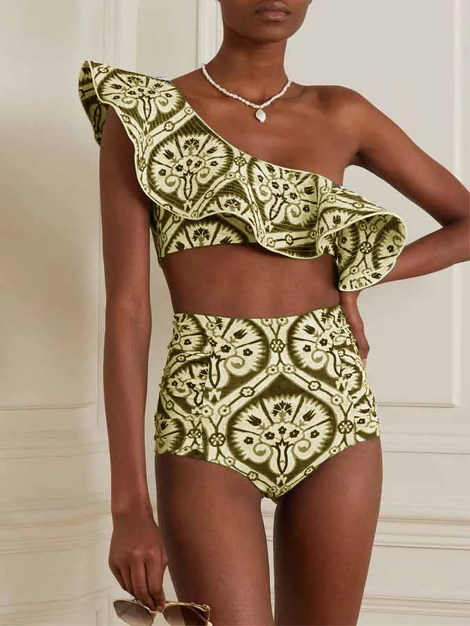 Fashion One Shoulder Printed Ruffle Basic Swimsuit