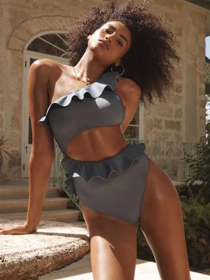 Fashion One Shoulder Printed Ruffle Basic Swimsuit