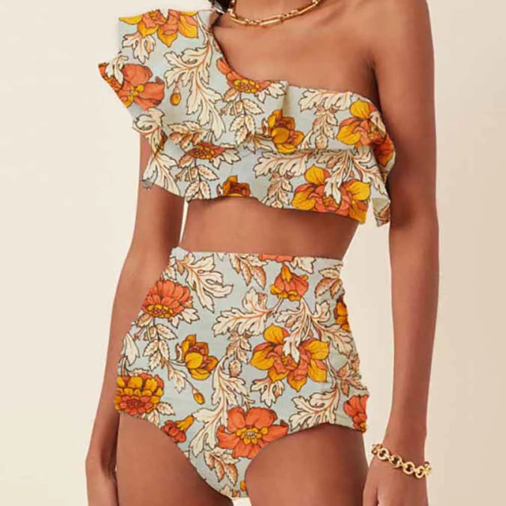 Fashion One Shoulder Printed Ruffle Basic Swimsuit