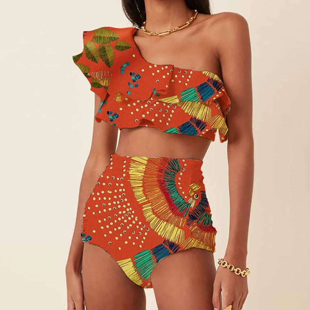 Fashion One Shoulder Printed Ruffle Basic Swimsuit