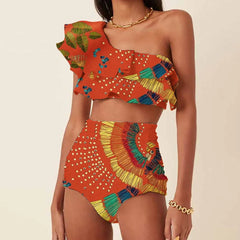 Fashion One Shoulder Printed Ruffle Basic Swimsuit