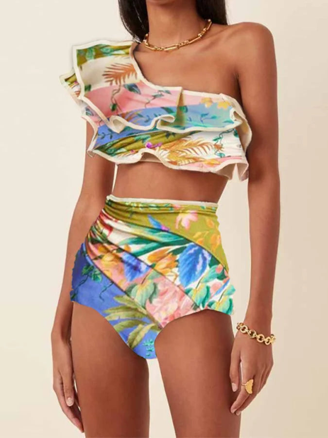 Fashion One Shoulder Printed Ruffle Basic Swimsuit
