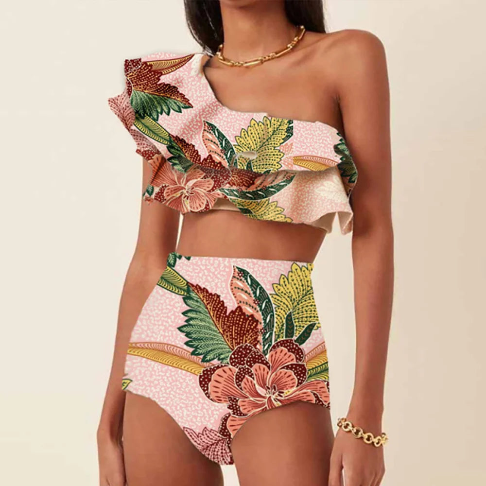 Fashion One Shoulder Printed Ruffle Basic Swimsuit