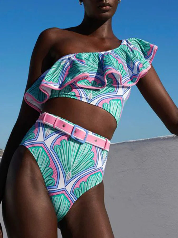 Fashion One Shoulder Printed Ruffle Basic Swimsuit