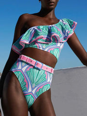 Fashion One Shoulder Printed Ruffle Basic Swimsuit
