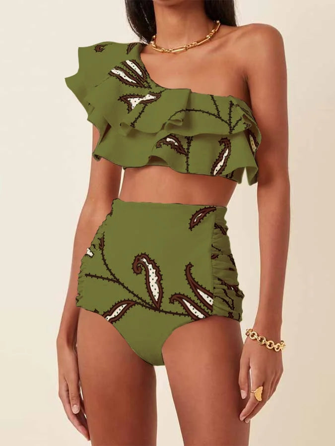 Fashion One Shoulder Printed Ruffle Basic Swimsuit