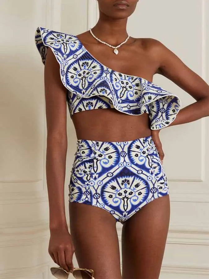 Fashion One Shoulder Printed Ruffle Basic Swimsuit