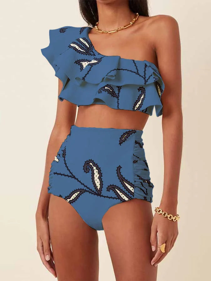Fashion One Shoulder Printed Ruffle Basic Swimsuit