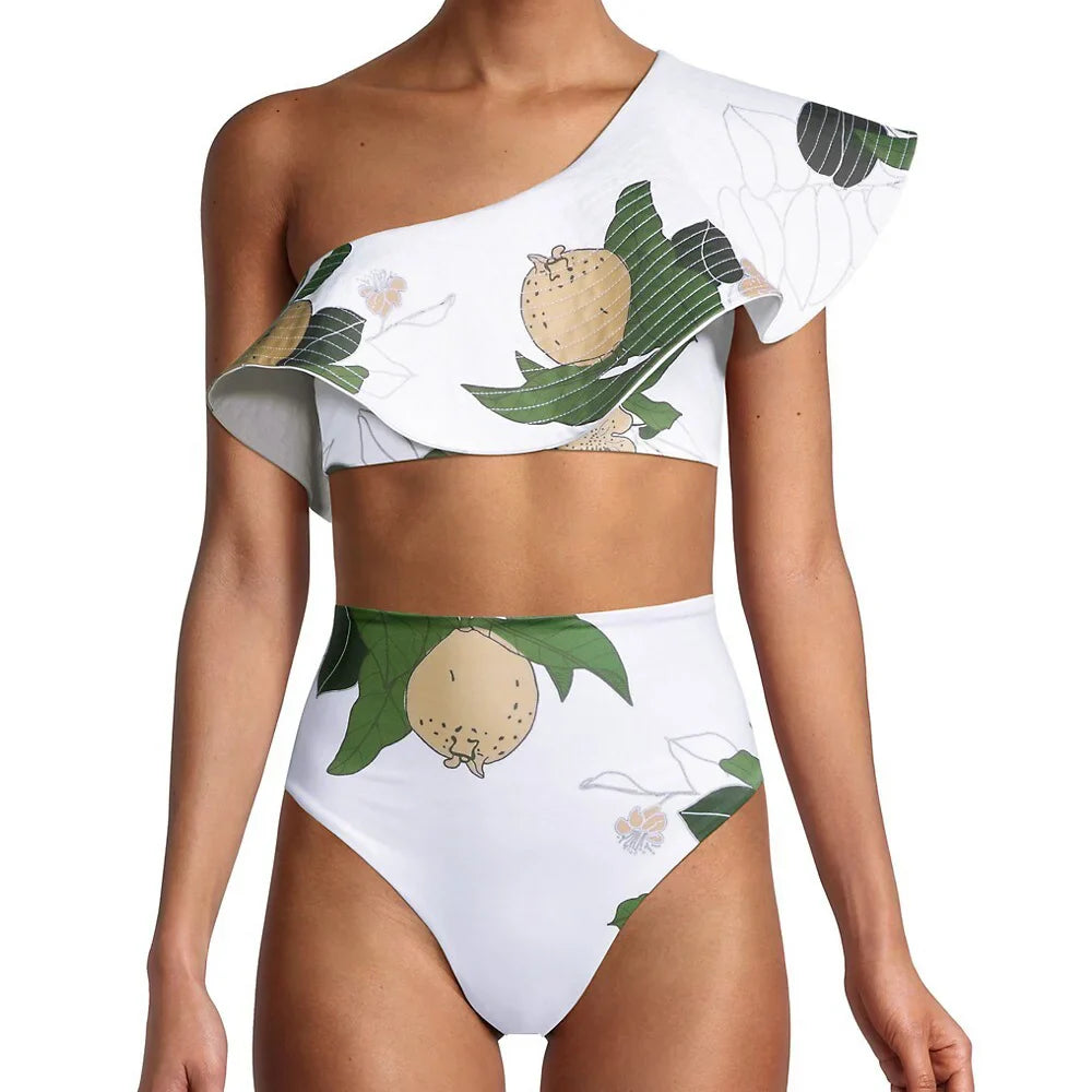 Fashion One Shoulder Printed Ruffle Basic Swimsuit