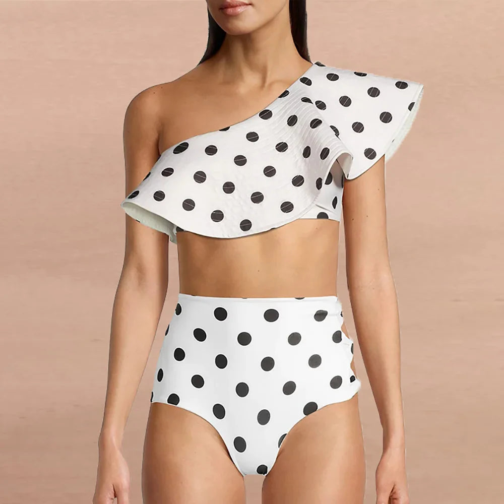 Fashion One Shoulder Printed Ruffle Basic Swimsuit
