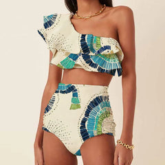 Fashion One Shoulder Printed Ruffle Basic Swimsuit