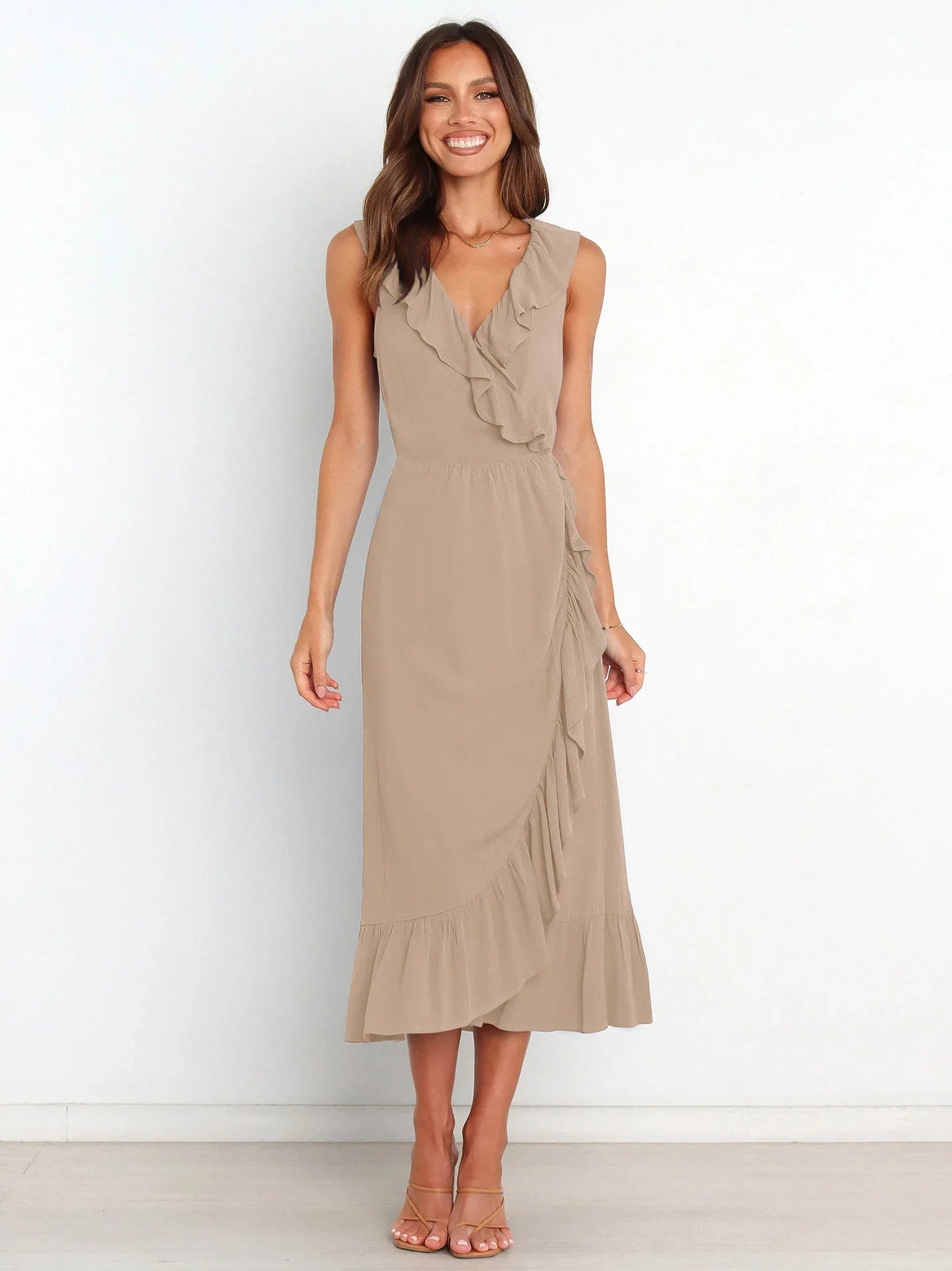 Ruffled Sleeveless V-neck Ruffled High-grade Elegant Traf Midi Dresses