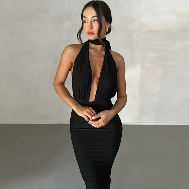 Deep Bare High Irregular Tight Female Midi Dresses