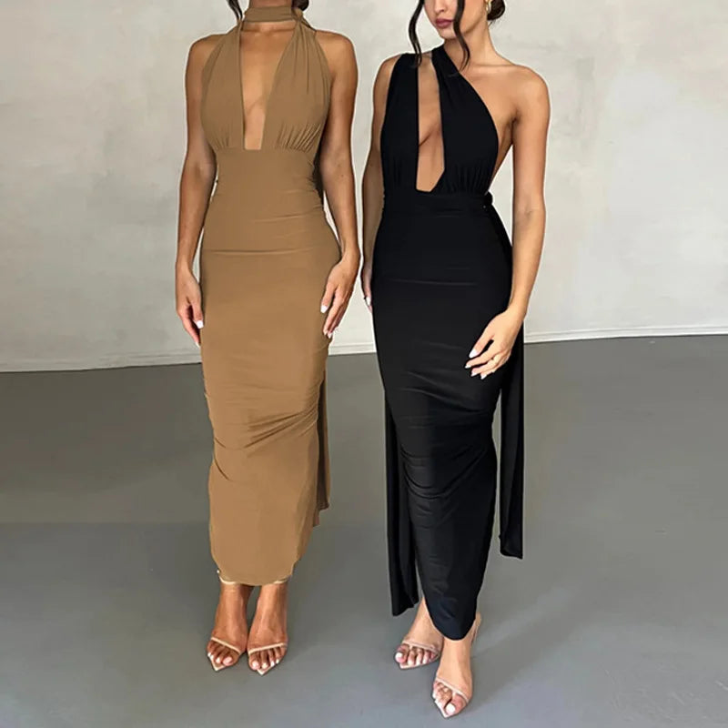 Deep Bare High Irregular Tight Female Midi Dresses