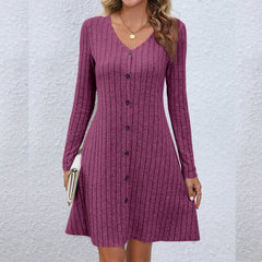 Chic V-Neck Buttoned Waist Long Sleeve Solid Color Midi Dress