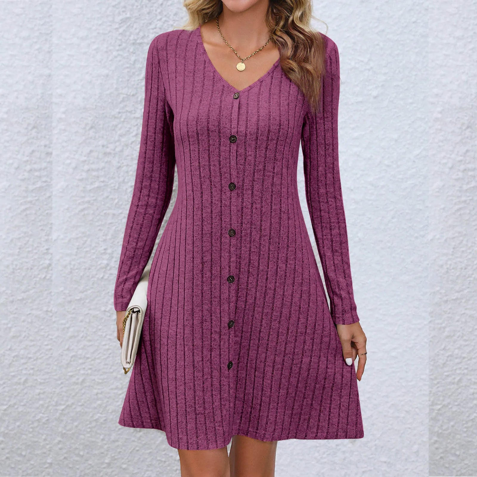 Chic V-Neck Buttoned Waist Long Sleeve Solid Color Midi Dress